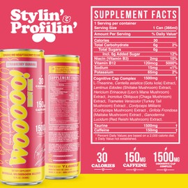 Wooooo! Energy Ric Flair Sparkling Adaptogenic Mushroom Energy Drink | Natural Antioxidants & Nootropics | Lion’s Mane & Cordyceps | 150mg Caffeine | 12 Pack (Strawberry Banana)
