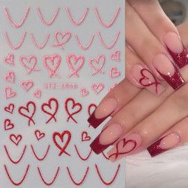 6 Sheets Valentine's Day Nail Art Stickers Decals Self-Adhesive Stripe Heart Nail Stickers Romantic Valentines Nail Art Decals Love Heart French Tip Nail Art Design Decoration Accessories