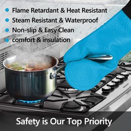 Silicone Oven Mitts and Pot Holders Set, MTZRFLL Extra Long Heat Resistant Oven Gloves with Hot Pads and Mini Oven Mittens for Grilling, Kitchen Cooking Baking, Soft Quilted Lining, Pack of 6 (Blue)