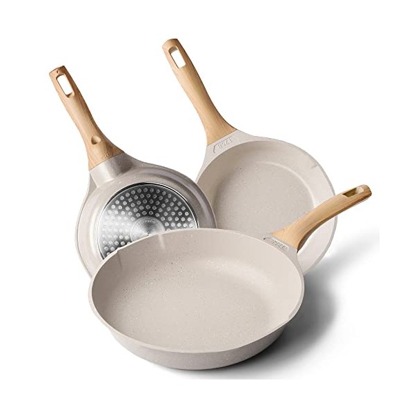 Nonstick Frying Pan Set - Granite Skillet Set, Induction Pans for Cooking Omelette Pan Non-Stick Cookware Set, Healthy Kitchen Skillet Pans Non Sticking Stone Pot and Pan Set (8", 9.5" & 11") Beige