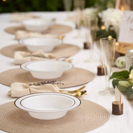 MATANA 100 Premium White Plastic Bowls with Gold Rim, 360ml - Elegant, Sturdy & Reusable - Soup & Dessert Bowls for Weddings, Birthdays, BBQ, Buffets, Catering, Parties