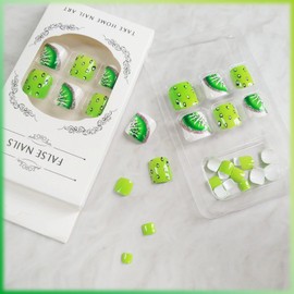 Fruit Press on Toenails for Art with Kiwi Fruit Design, Glossy Silver Glitter Acrylic Short Square Fake Toe Nails Gel Glue on Nails Sparkly Full Cover False Toenails Stick on Nails for Women 24Pcs