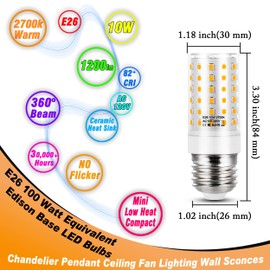 100 Watt Equivalent E26 LED Corn Light Bulb 2700K Warm White 1200lm 10W E26 Edison Base LED Candelabra Bulbs for Chandelier Pendant Ceiling Fan Lighting Wall Sconces Refrigerator, Non-dimmable, 2 Pack