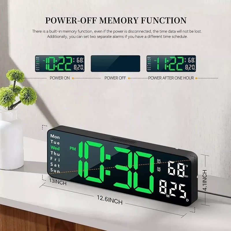 Oailgent Reloj De Pared Digital Con Termómetro, Alarmas Y Calendario