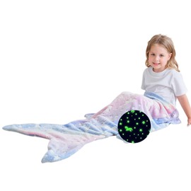 Glows in The Dark Blanket Kids Mermaid Tail Blanket with Stars, Moons and Strange Creatures Super Comfy Flannel Fleece Sleeping Bag Throws