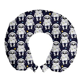 Ambesonne Space Travel Pillow Neck Rest, Cartoon Illustrated Repeating Panda Astronaut Characters Night Sky Stars, Memory Foam Traveling Accessory for Airplane and Car, 12", Indigo White