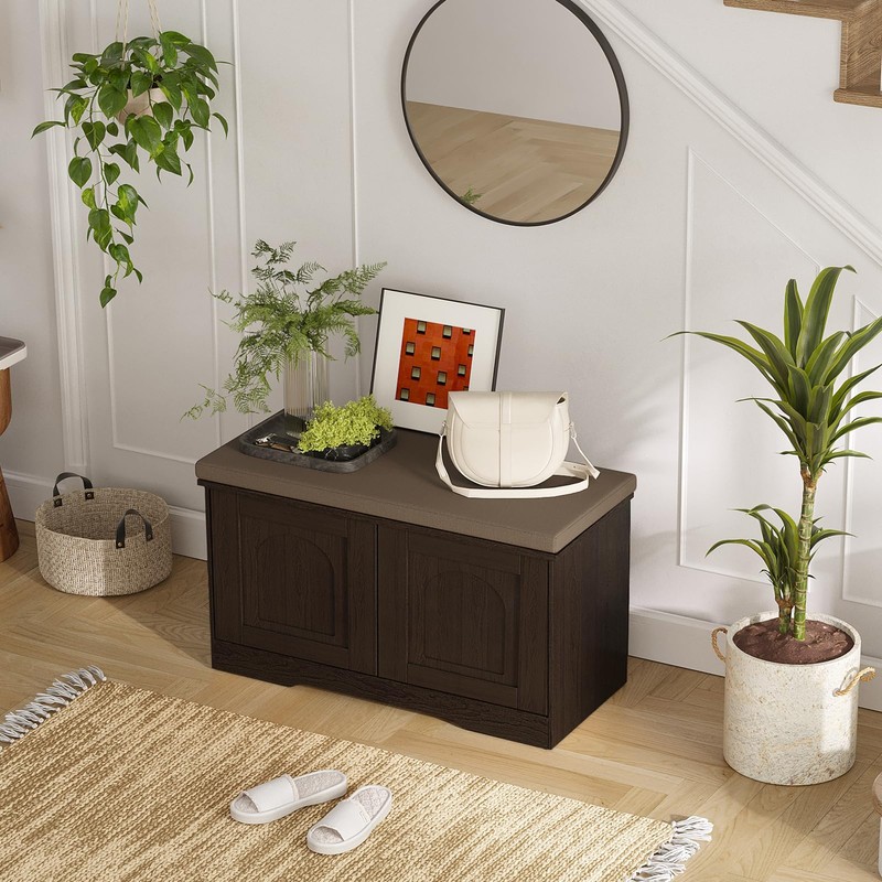 DINZI LVJ Shoe Bench, Entryway Storage Bench with Doors, Cushion,