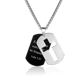 P. BLAKE Stainless Steel Dog Tag Cross Necklace for Men Boys Lord’s Prayer/Bible Verse Pendant with Wheat Chain 24 Inches, Stainless Steel, No Gemstone