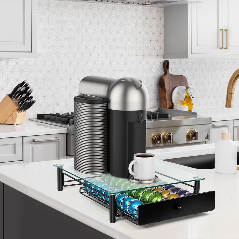 ROWISE Coffee Pod Drawers, Crystal Tempered Glass Pod Holder Drawer