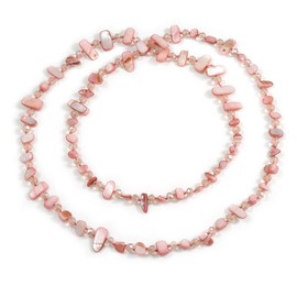 Avalaya Long Pastel Pink Shell Nugget and Pink Faceted Glass Bead Necklace - 120cm Long