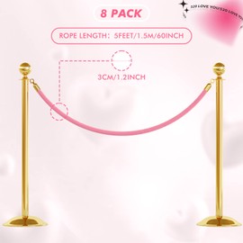 8 Pack Velvet Stanchion Rope, 5 Feet Crowd Control Safety Barriers with Polished Gold Hooks for Carpet Events Movie Theaters Grand Openings Hotels Party Supplies (Pink)