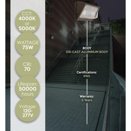 WareLight LED Wall Pack, Outdoor Security Lights - Energy Efficient, 50,000 Hour Lifespan, 75 watt, 10,200 Lumens, Matte Bronze