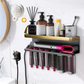 Yimerlen Airwrap Storage Holder Compatible with Dyson Airwrap Curling Iron Wall Mounted Storage Rack Holder for Home Organizer (with Comb) Gold