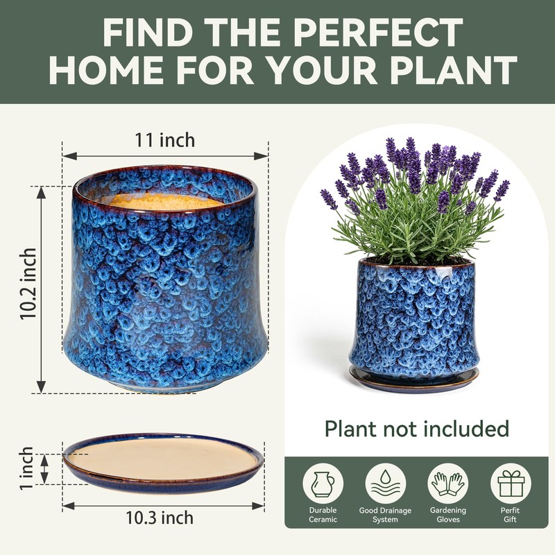 TOSELBAI 11 Inch Ceramic Planter Pot with Saucer Drainage Leak-Proof