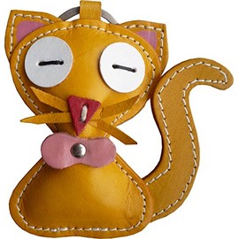 Pendant, Genuine Leather, Yellow, 7 x 5 cm Key Ring with Funny Cat (Cat)