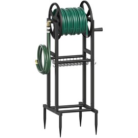 Mokeyder Freestanding Garden Hose Reel holds 125ft Hose of 5/8" with 4 Hooks, 4-Spike Outdoor Hose Holder with 3.9ft Leader Hose & Brass Fitting, Detachable Metal Hose Stand with Storage Rack, Black