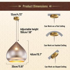 Jowjut Farmhouse Moroccan Pendant Light Fixture Metal Iron Vintage Hanging Light Kitchen Island Retro Ceiling Pendant lamp Loft Hollow Silver Design Adjustable Cord Pnedant Lighting