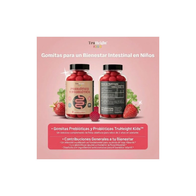 TruHeight Prebiótico Probiótico Fórmula en Polvo Sabor Fresa, Vitaminas y