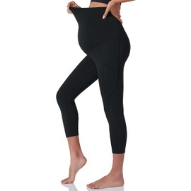 POSHDIVAH Capri Women's Maternity Workout Leggings Over The Belly Pregnancy Yoga Pants with Pockets Soft Active Wear Work Pants Black Medium