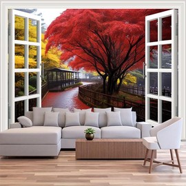 FENDROM Fall Tapestry Autumn Maple Tree Forest Scenery outside Window Tapestry for Bedroom, Park Red Yellow Tree Beautiful View Wall Hanging Tapestry for Home Living Room Dorm Wall Decor