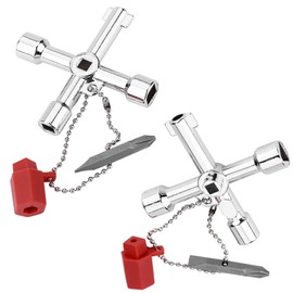 HCJspring 2 Pcs 4 Way Cross Key, Zinc Alloy Multifunction Universal Opening Cross Key for Plumbers, Electricians, Train Door Electrical Cupboard Box Elevator water Meter Valve, Silver, HCJad1
