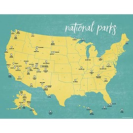 US National Parks Checklist Map 11x14 Print (Yellow & Teal)
