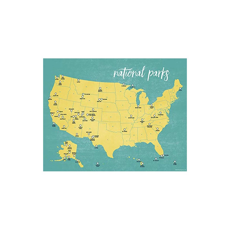 US National Parks Checklist Map 11x14 Print (Yellow & Teal)