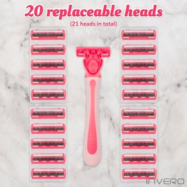 Invero 21 Pack of Ladies Three Blade Razor Set - Triple Stainless Steel Razor Blades with Comfort Lubricating Strips & Contour Movable Replaceable Heads - Suitable for Shaving All Areas of The Body