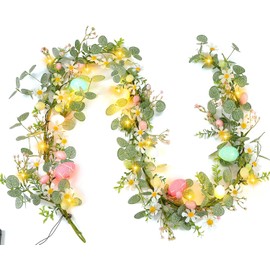 Guirnalda de Pascua para manto, guirnaldas de eucalipto sintético de 6 pies con margarita, flor rosa y huevo, 20 luces LED, temporizador automático a pilas, flexible para decoración del