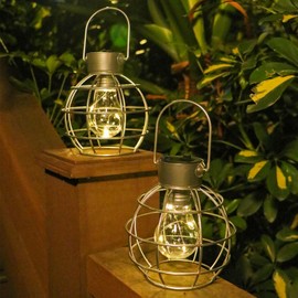 2 Pack Solar Lanterns Outdoor Hanging Lights, Metal Solar Lantern Outdoor Waterproof Auto On/Off Solar Light for Patio Backyard Pathway Porch, Silver