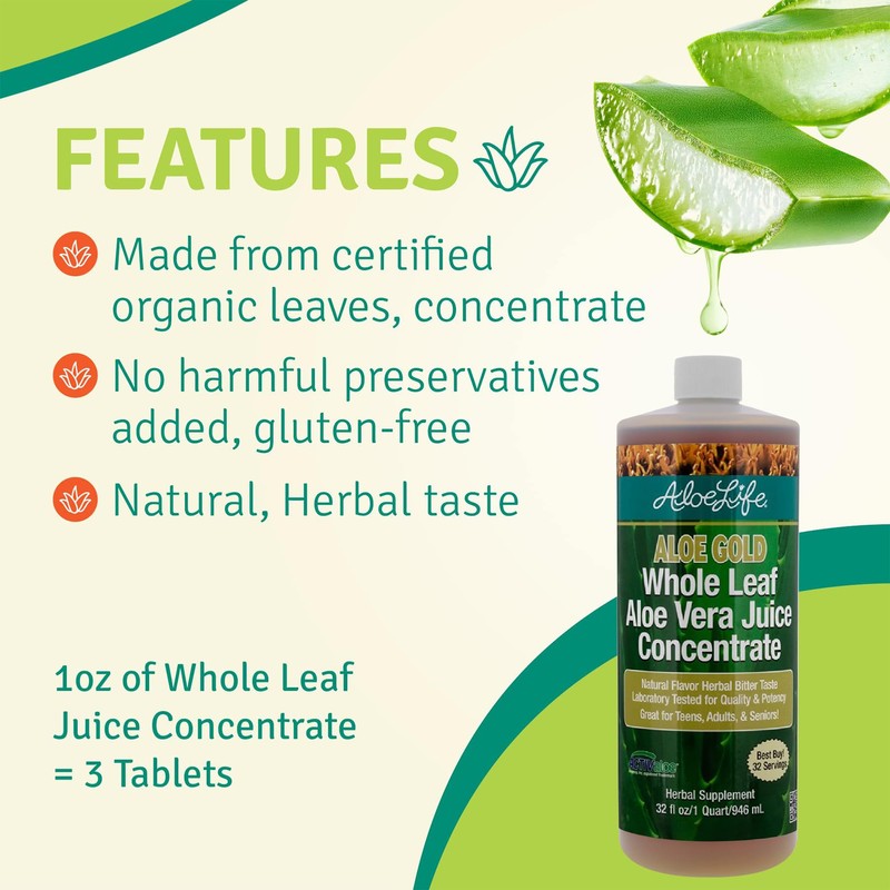 Aloe Life - Whole Leaf Aloe Vera Juice, Certified Organic,