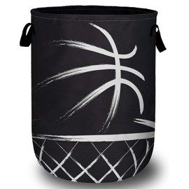 Black Basketball Laundry Basket, Foldable Sport Ball Theme Laundry Hamper Tote Bag Dirty Clothes Storage Bucket Toy Organizer for Bathroom/Laundry/Bedroom 15.7"x19.6"