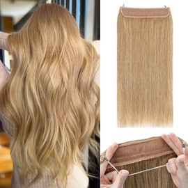 Benehair Human Hair Extensions Thick Ends Invisible Wire Real Human Hair with 2 Fish Lines Thicker Hairpieces 20inch 110g Dark Blonde Hair Extensions Straight Thicker Hairpieces for Women #27