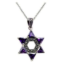 Jewish Star of David Sterling Silver Purple Cubic Zirconia, Marcasite Pendant Necklace
