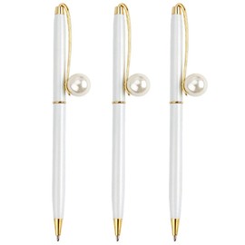 Monique 3 Pcs Pearl Decorative Metal Ballpoint Pen Ball Pen 0.7mm Fine Tip Black Ink White
