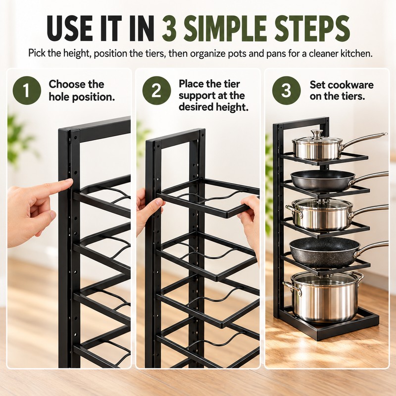 5-Tier Adjustable Pot & Pan Organizer for Cabinets – Black