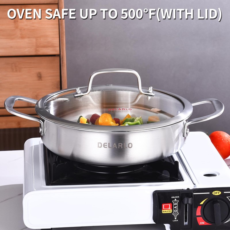 DELARLO Tri-Ply Stainless Steel 3QT Saute Pan With Lid, 12