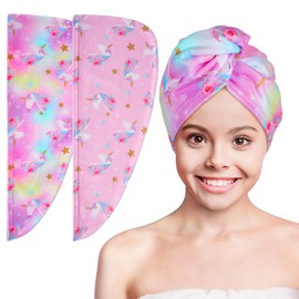 Basumee Microfiber Hair Towel Wrap for Kids 2 Pack Rapid Drying Hair Towel with Button Hair Turbans for Wet Hair Wraps Head Towel Wrap for Women and Girls, Light Pink