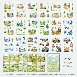54 Sheets Nature Forest Mountain Lake Outdoor Landscape Scrapbooking Kit, Pre-Cut PET Washi Stickers with Scrapbook Paper for Junk Journaling, Scrapbook Supplies, Bujo, Planner