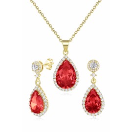 REASAYLL Jewelry Sets For Women 925 Sterling Silver Post Teardrop Dangle Stud Earrings Necklace Set Crystal Rhinestone Wedding Prom Costume Jewelry for Women Yellow Gold Plated Ruby red