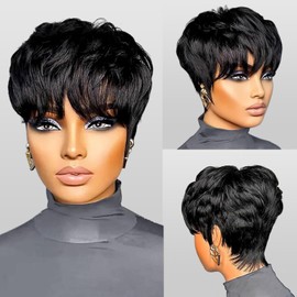 Pixie Cut Machine Made Wig Human Hair Glueless Wig Short Pixie Wigs for Women None Lace Front Wig with Bangs Natural Black 1B Full Machine Made Wig