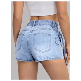 MakeMeChic Women's High Waisted Wrap Front Denim Skort Straight Leg Knot Side Jean Shorts Light Wash 32