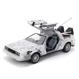 DCD DMC DeLorean Time Machine Frost Version Brushed Metal for Hollywood Rides Vehicle with Lights From Back to (1985) Movie
