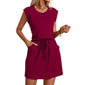 levaca Summer Dress for Women with Cap Sleeve Drawstring Pockets Beach Sundress Burgundy L