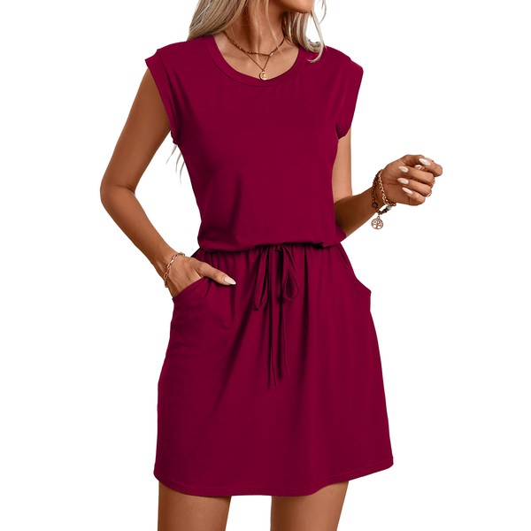 levaca Summer Dress for Women with Cap Sleeve Drawstring Pockets