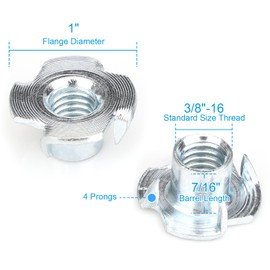 3/8"-16 T-Nuts (20 Pack), Zinc-Plated Steel Corrosion Resistant T Nut, 7/16" Barrel Length, 4-Pronged Tee Nut for Wood, Rock Climbing Holds, Cabinetry