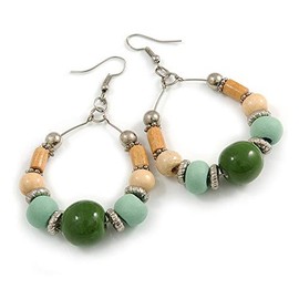 Mint/Green Ceramic/Natural Wood Bead Hoop Earrings In Silver Tone - 70mm Long