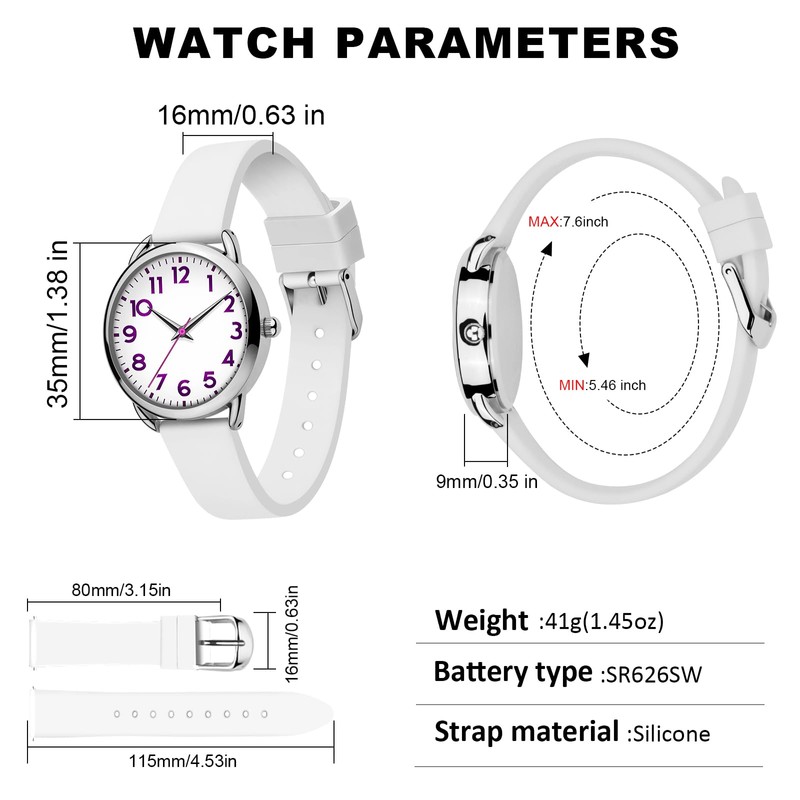 Bisley 35MM White Watch for Women Silicone Strap Purple Arabic