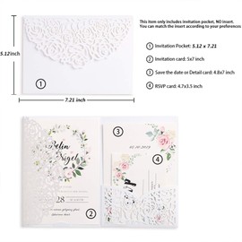 YIMIL 20 Pcs 5.12 x 7.21 inch Tri-fold Laser Cut Wedding Invitation Pocket for Wedding Quinceanera Bridal Shower Baby Shower Party Invite (White)