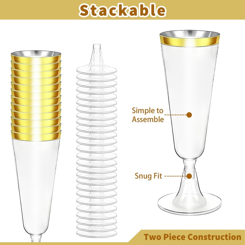 CONEHOY 220 Pcs Champagne Flutes Cups 5 Oz Gold Disposable
